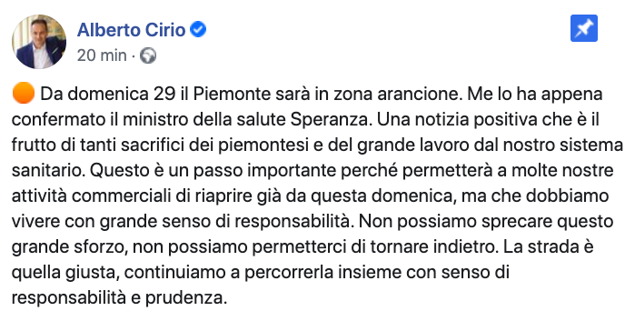 Piemonte in zona arancione cosa cambia Cirio