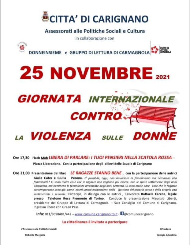 a carignano tre eventi per la giornata contro la violenza sulle donne