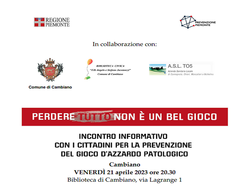 A Cambiano parte l'iniziativa Gap Tur, sulla dipendenza da gioco d'azzardo